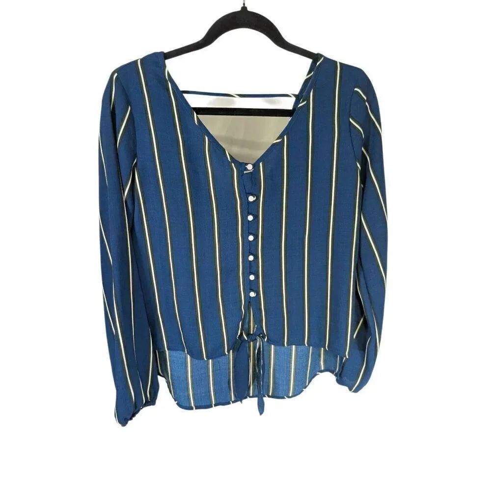 Gypsies & Moondust Boho Striped Button-Down Tie-Front Blouse Blue Women's Size M